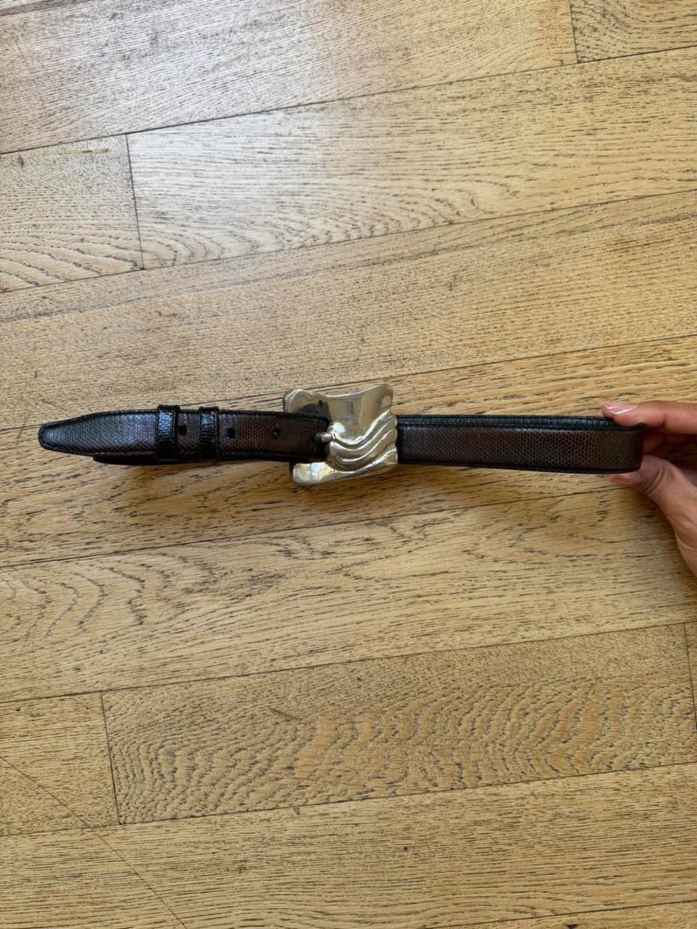 Vintage Brown Leather Belt with Sculpted Silver Buckle